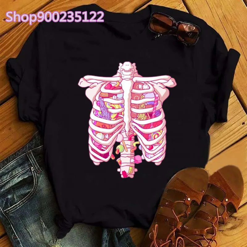 Skelton Tshirt Women print black Harajuku T-shirt Ladies short sleeve aesthetic tee shirts casual hip-hop summer funny tops