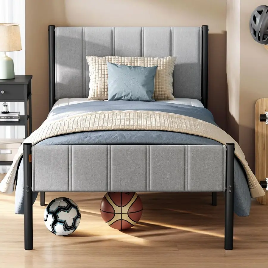 

Twin Bed Frame with Upholstered Headboard, Metal Bed Frame Twin Size with Footboard, 550 lb Weight Capacity, Steel Slats, Easy A