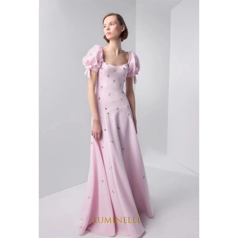 

Pink Sweetheart Neck Prom Dress Short Sleeve Backless Customized Luxurious Women Evening Dresses A-Line vestidos de fiesta