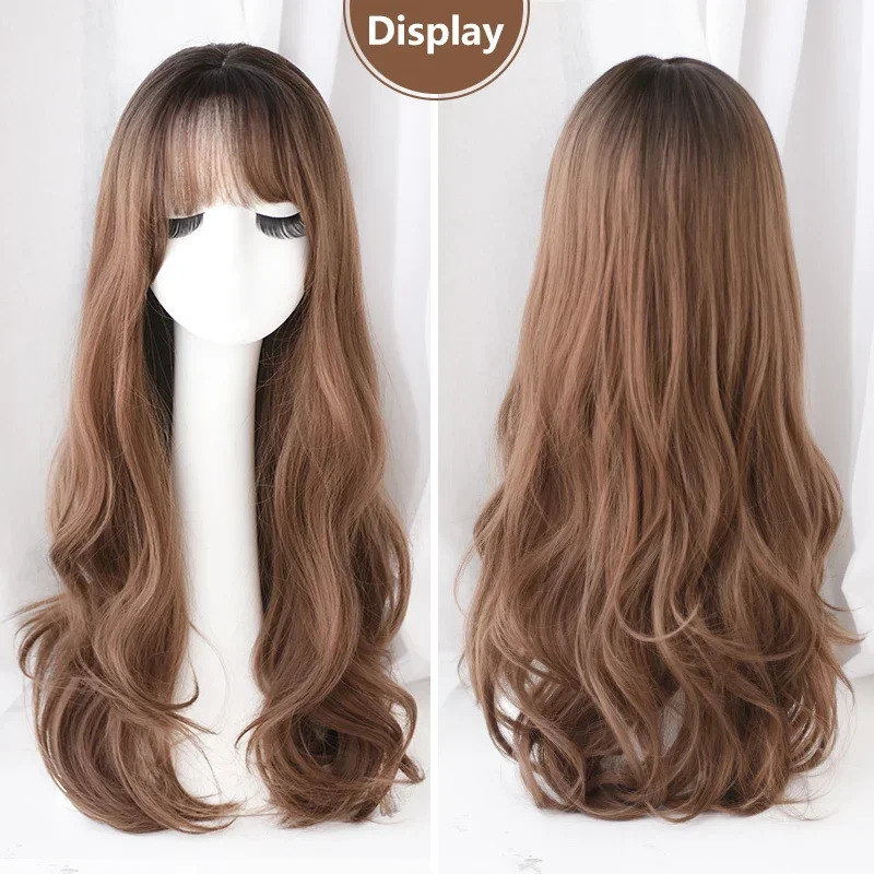 7JHH WIGS Loose Deep Wave Honey Blonde Wig with Bangs High Density Heat Resistant Synthetic Layered Hair Wigs with Dark Roots