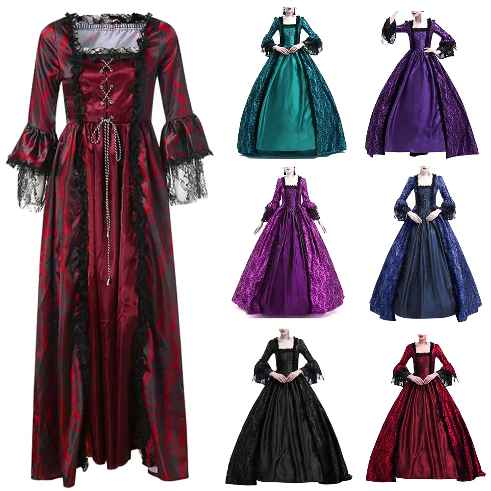 Halloween Women's Vintage Dress Medieval Victorian Court Lace Stitching Dress Gothic Long Sleeve Dress Cosplay Party Costume