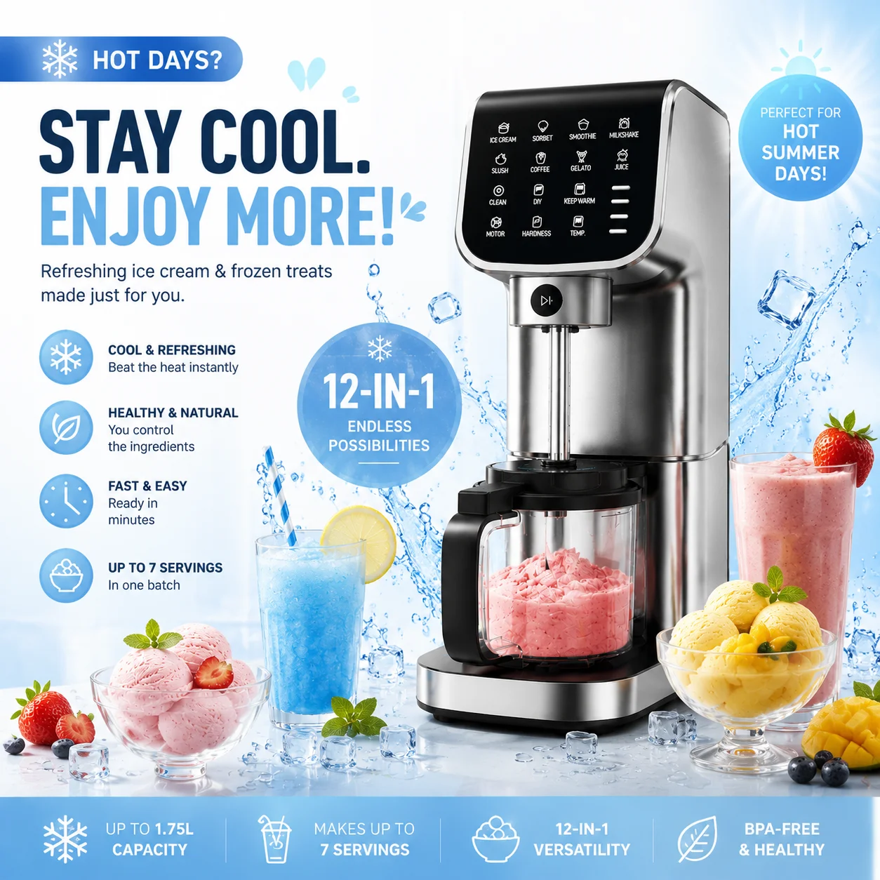 Machine à glace IcyTreat 1,5 L/57 oz, pas besoin de glace, machine à slush domestique avec 12 programmes prédéfinis, sa…