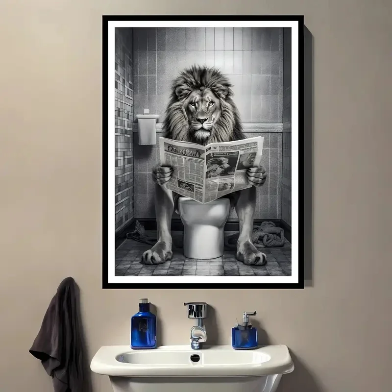 1pc frameless Canvas Painting Animal Wall Art, Black and White Toilet, Lion Reading Newspaper on The Toilet, Canvas Painting, Mo