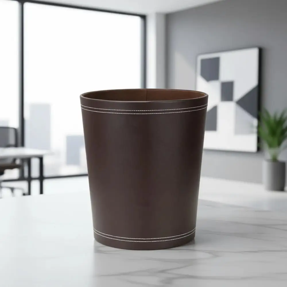 

Round Brown PU Leather Wastebasket for Home, Office, and Luxury Hotel Bathrooms and Kitchens