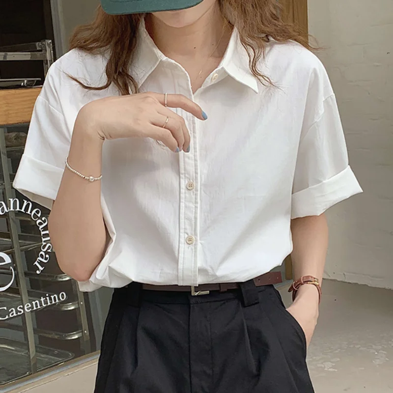 Spring Summer New White Loose Button Blouse Long Sleeve Polo Neck Solid Korean All-match Shirt Tops Fashion Office Women Clothes