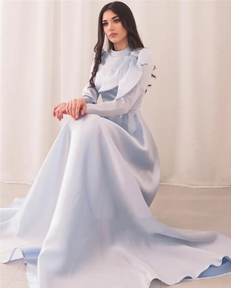 Elegant light blue formal dress high neck long sleeve bead bow satin Arab women's party ball dress vestidos de noche فساتين السه