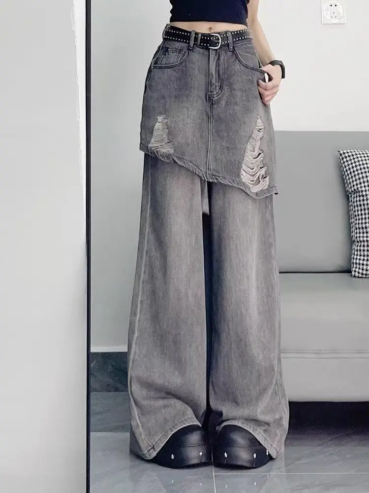 

Women's Gray Ripped Goth Fake Two-Piece Jeans Harajuku Y2k 90s Aesthetic Loose Jeans Korean Punk Vintage 2000s Trashy Clothes