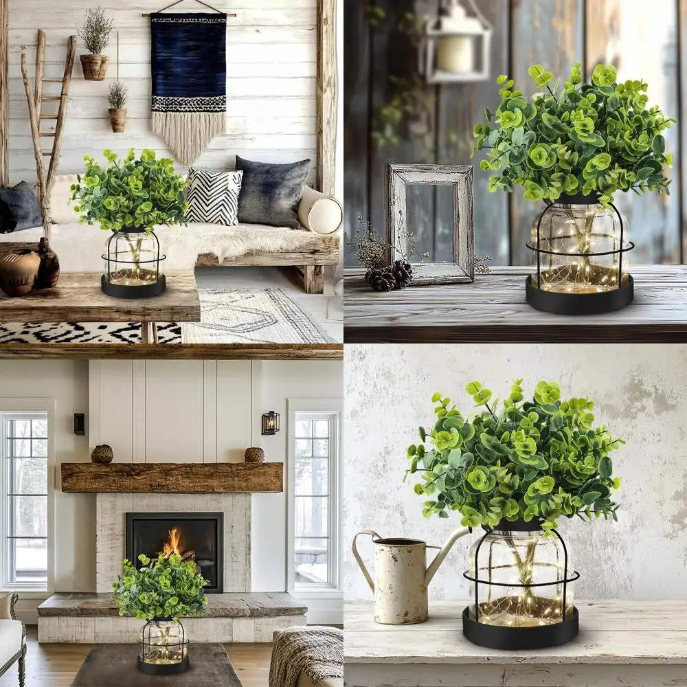 

Деревенские стеклянные вазы в стиле армхаус, декоративные светильники в стиле примитивного кантри, центральное украшение для кофейного или обеденного стола, зеленые искусственные растения эвкалипт с листьями