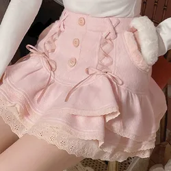 Japanese lolita kawaii clothes pink mini skirt with shorts Lace High Waist korean style women 2024 new fall White skirt fluffy