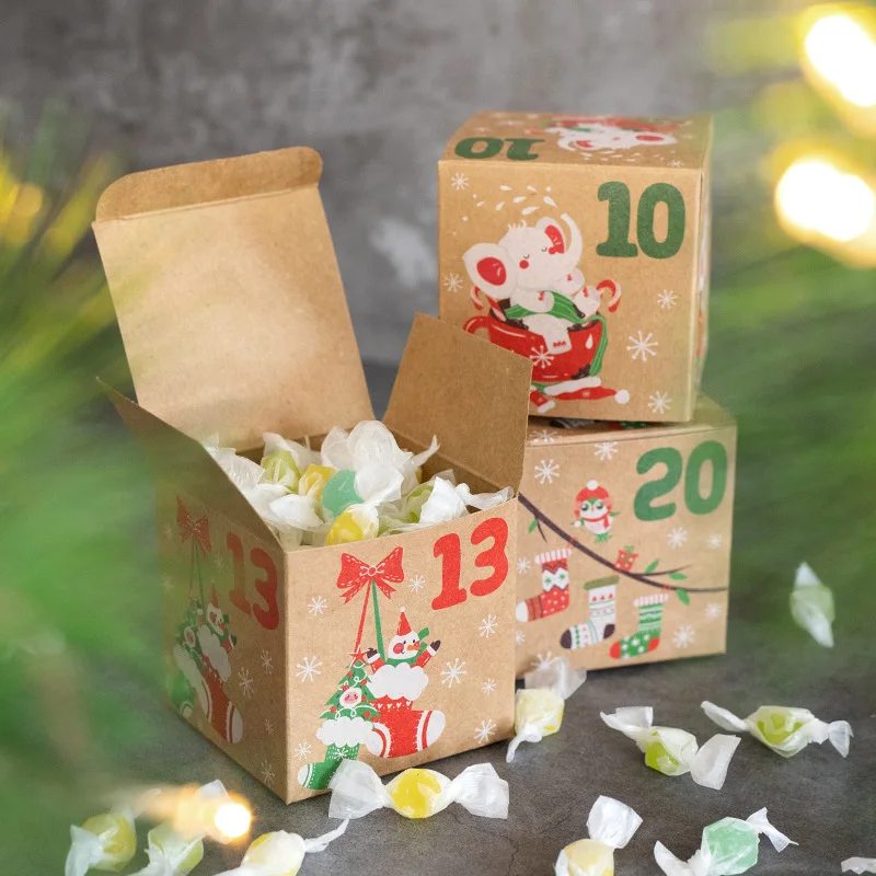 24pcs Christmas Paper Box Christmas Arrival Calendar Candy Box  Countdown Kraft Paper Gift Box Just Packaging Box