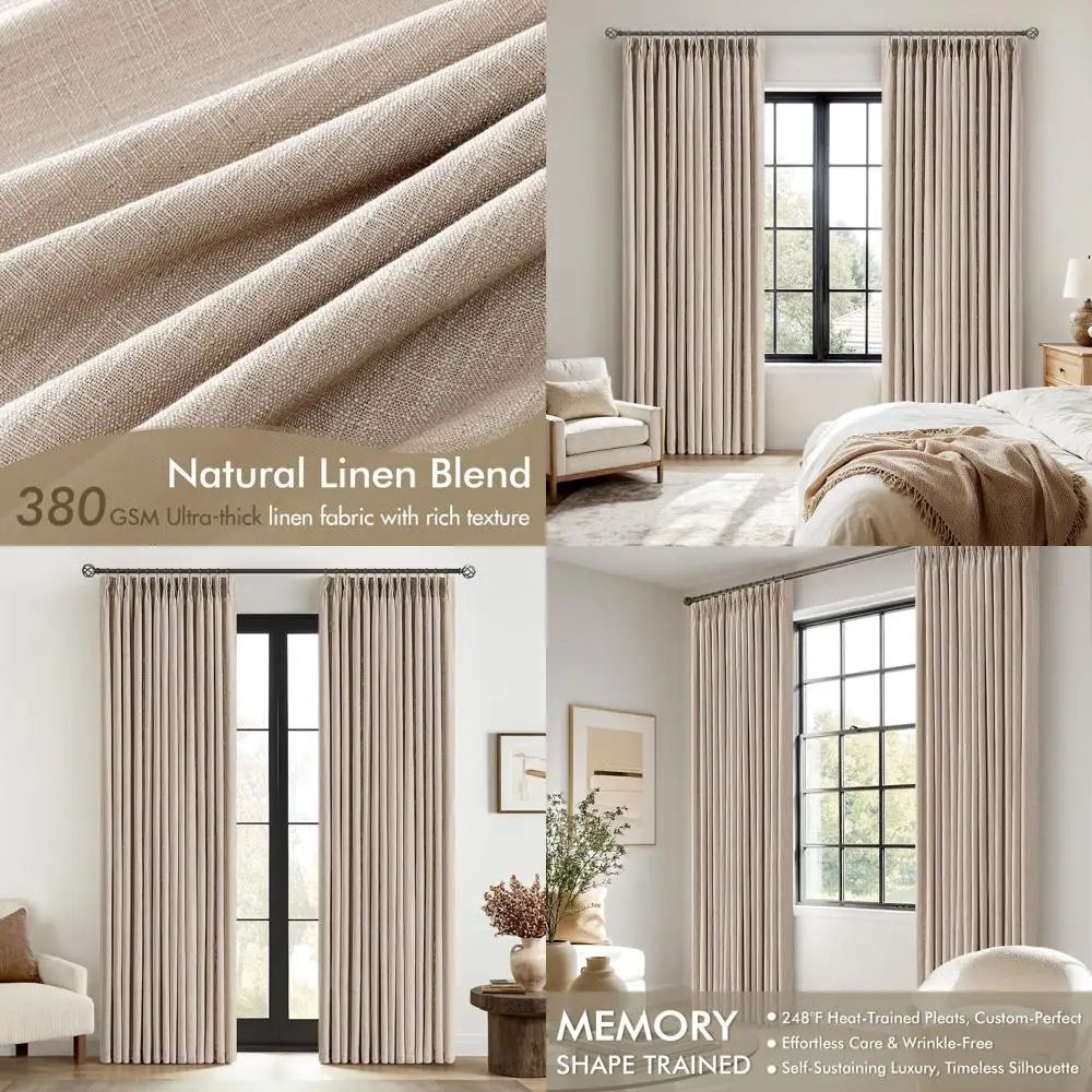 

Льняные плиссированные шторы 84, комплект из 2 панелей для гостиных, складки с эффектом памяти, темно-серый, с крючками и кольцами