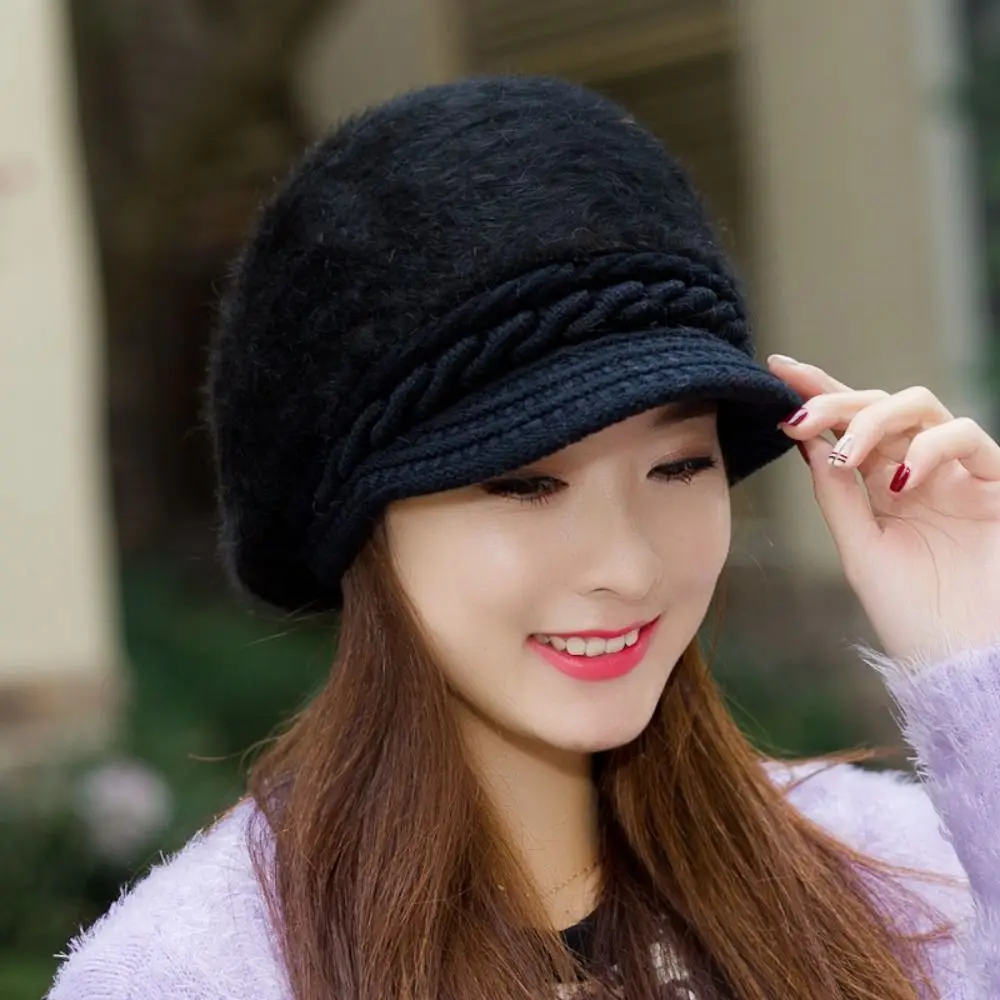 Vintage Dikker Warm Winter Baret Muts Gebreide Faux Konijnenbont Gezellige Muts Pluche Casual Oorbeschermkap Vrouwen