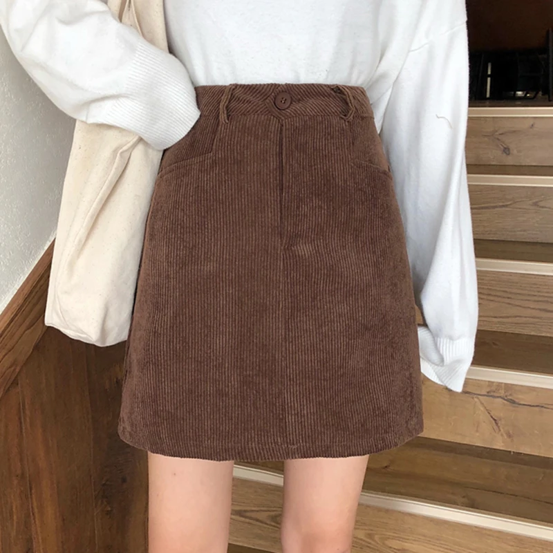 

Women High Waist Korean Mini Skirt Vintage Harajuku A-Line Short Skirt Ladies Casual Buttons Solid Package Hip Skirts Female