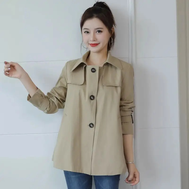 Spring Autumn Short Trench Coat Women's Khaki Design Long Sleeve Jacket Single-Breasted Coats Tie Black Tops