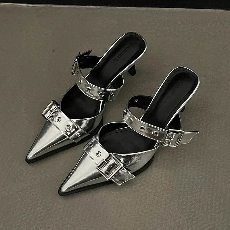 Metal Buckle High Heels Women's Sandals Summer 2024 Pointed Toe Silver Party Shoes Fashion Womens Pumps Shoes