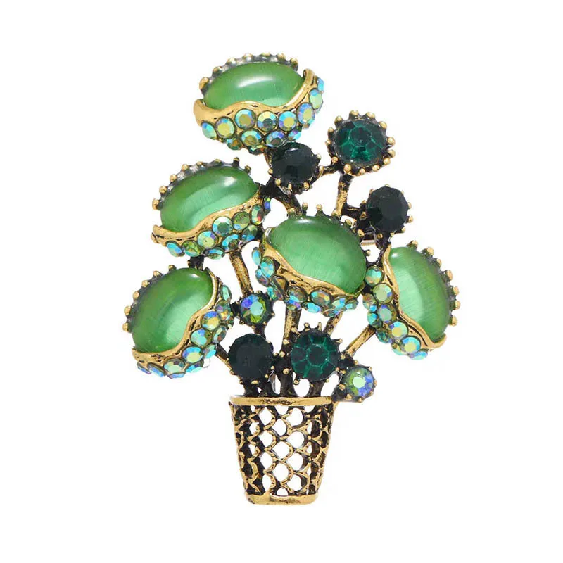 

Fashionable green cat's eye stone vase brooch, women's high-end diamond-encrusted brooch, coat pin
