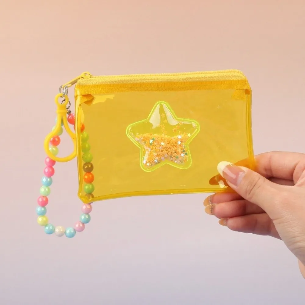 Portable Quicksand Coin Purse Colorful PVC Student Card Holder Transparent with Beaded Lanyard Travel Storage Bag