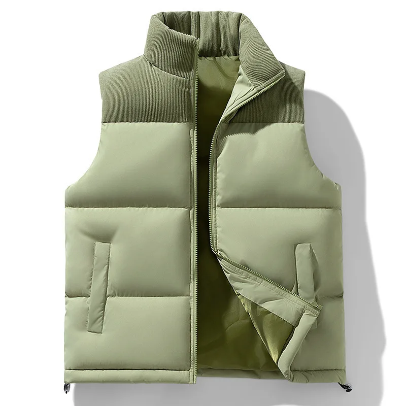 Winter Men Zip Up Sleeveless Jacket Thickened Casual Cargo Splicing Design Warm Vest Windproof Cotton-padded Stand Collar Vests