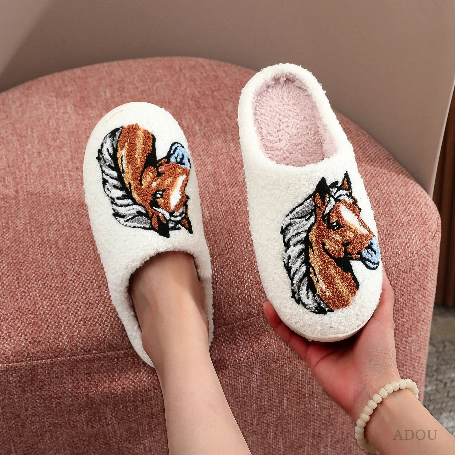 Horse Pattern Embroidered Plush Home Thick-Soled Comfortable Furry Slippers Cute Warm Non-Slip Indoor Slippers Spiral image 6