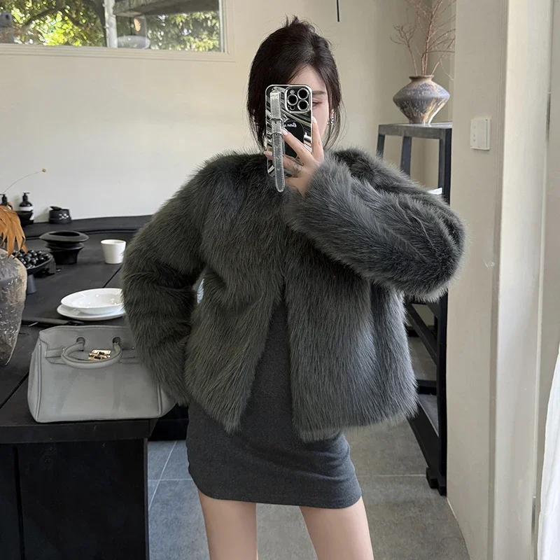 Autumn/Winter Women's Faux Fur Mixed Fur Coat Korean Clothing Fashion Jacket O-neck Long Sleeve Slim Women Top