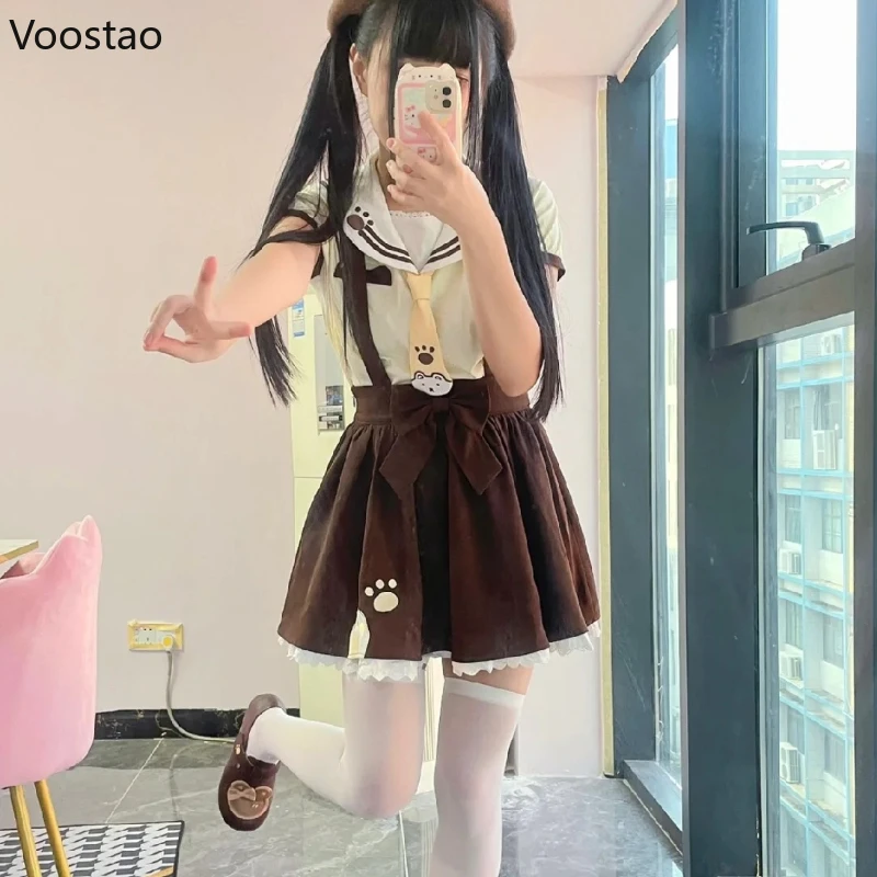 Kawaii Lolita Style Skirt Set Women Sweet Little Bear Embroidery Short Sleeve T-shirts Suspender Skirts Suit Cute Korean Sets