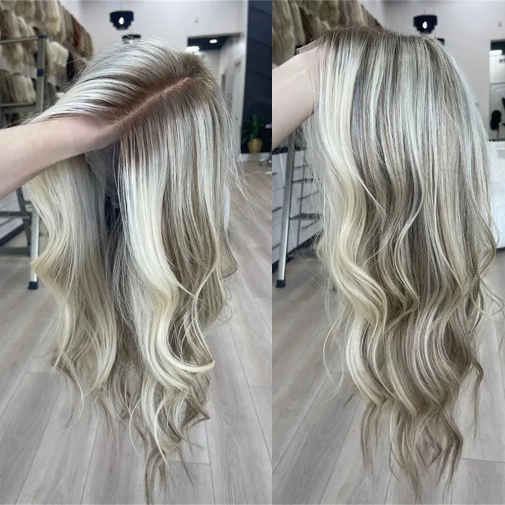 

28 дюймов блондинка парик балаяж Премиум качество синтетический парик фронта шнурка подчеркивает пепельно-русый свободные волнистые длинные парики предварительно сорванные