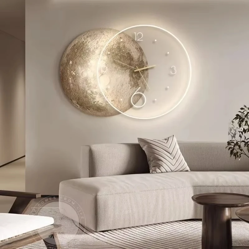 Modern Living Room Decoration Painting Moon Wall Clock Home Decor LED Lights Mural Wall Clock Premium Wall Art for The Backdrop