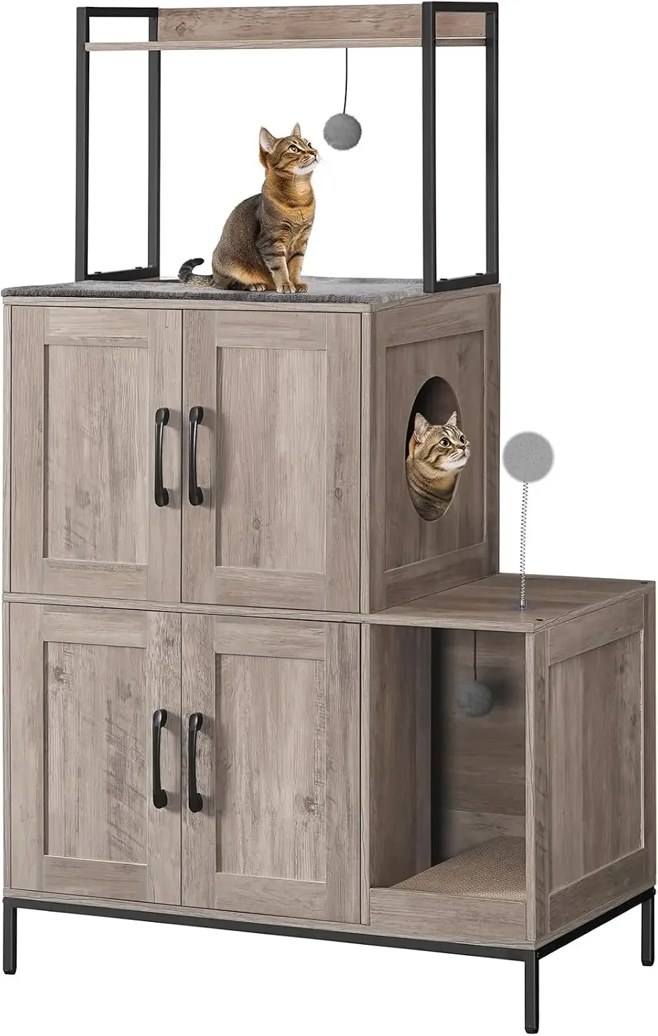 Cat Litter Box Enclosure Furniture, 2 in 1 Hidden Litter Box Furniture with Shelf, Double Litter Box Cabinet with 2 Dangling Plu