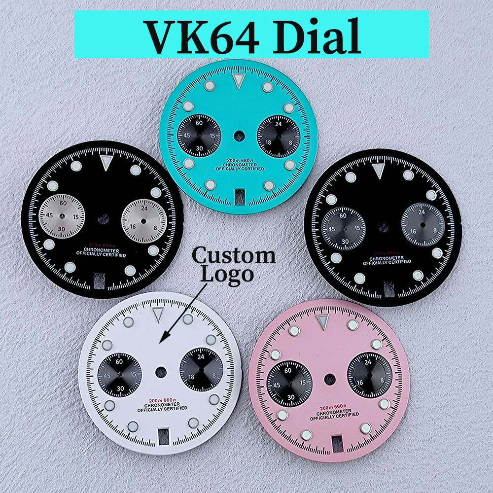 VK64 Chronograph Dial Custom Logo Panda Dial 29mm Green Glowing Dial Fit VK64 Date at 6 O'clock Quartz Movement Watch Accessorie