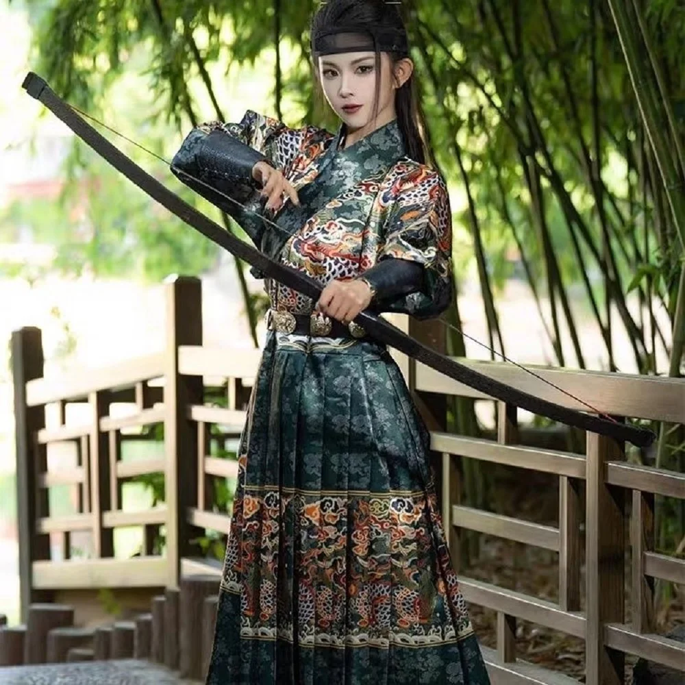 

Dark Green Male Hanfu Ming Dynasty flying fish suit printed stripes drawn pleats traditional Chinese style ancient clothes