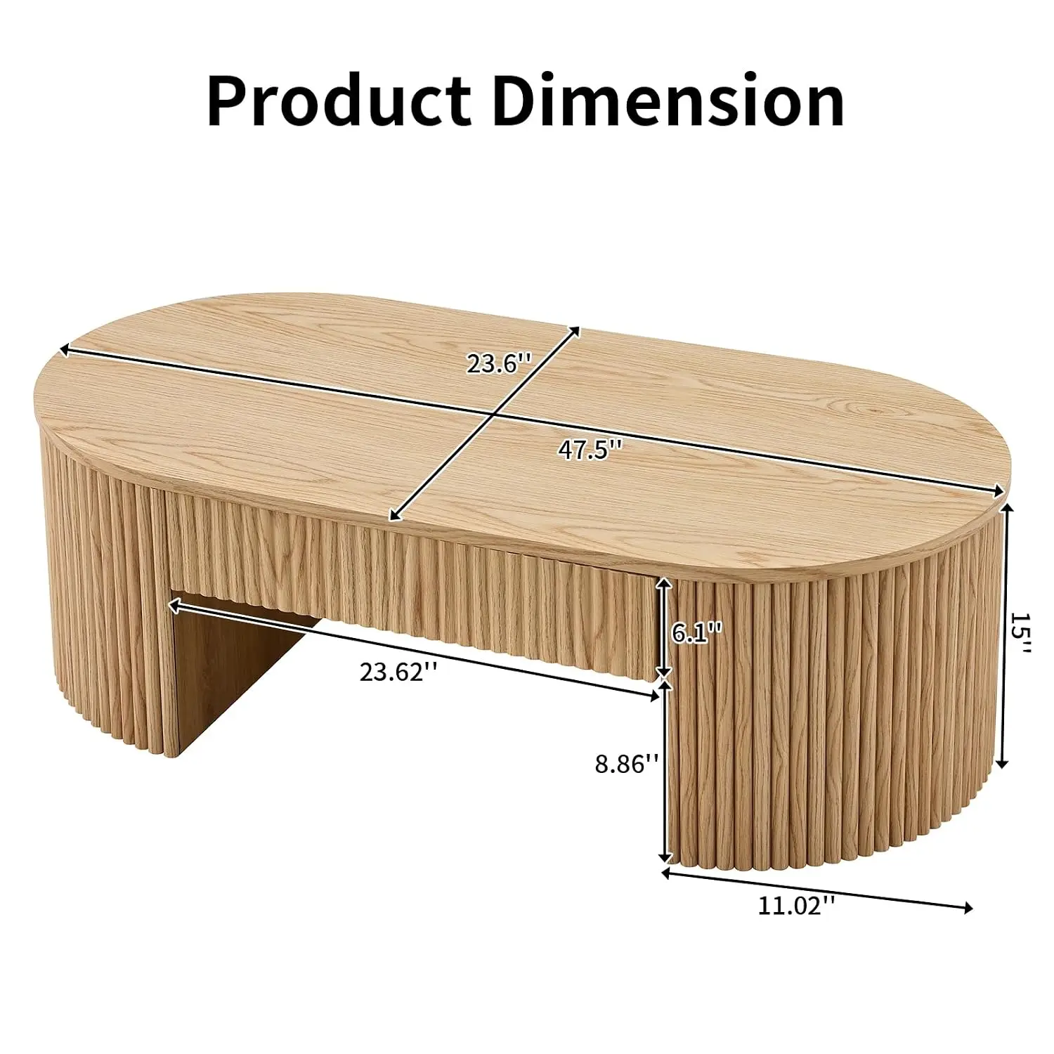 Oval Fluted Wood Coffee Table with Storage Drawer 47.5