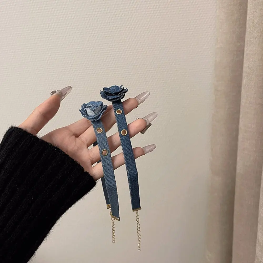 Big Rose Flower Trend Choker Denim Necklace Adjustable Clavicle Chain Y2K Style Collarbone Chain Women Jeans Cloth Necklace