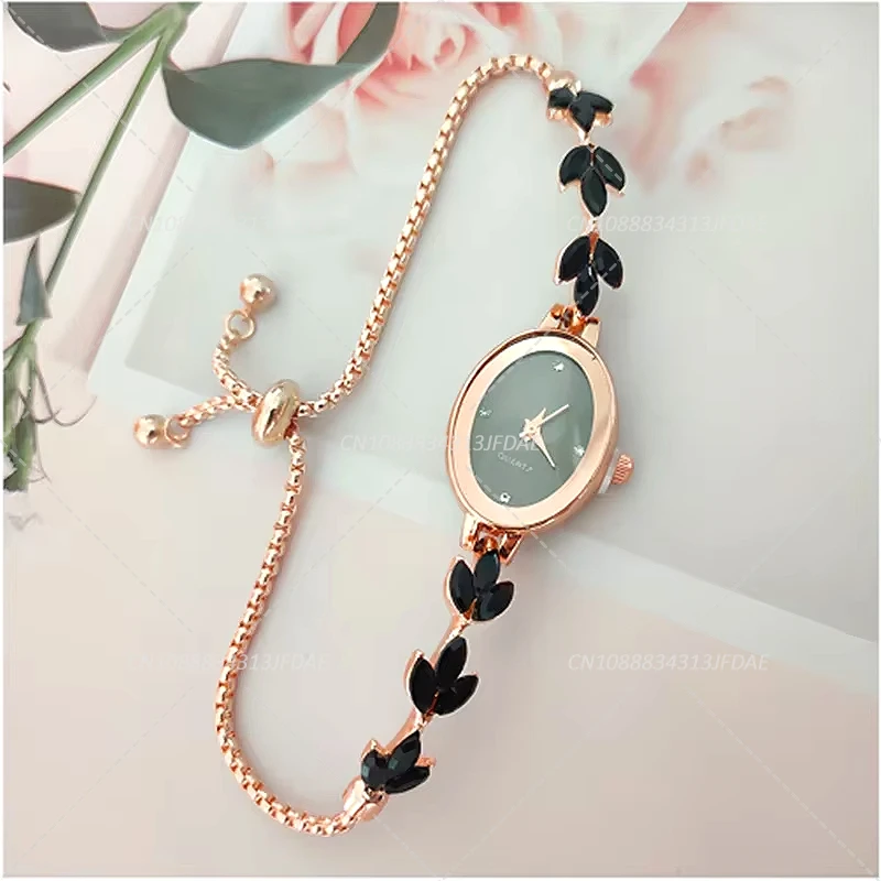 Elegant Women's Rhinestone Inlaid Clover Watch Oval Quartz Fashion Wristwatch Bracelet Clocks Reloj Mujer