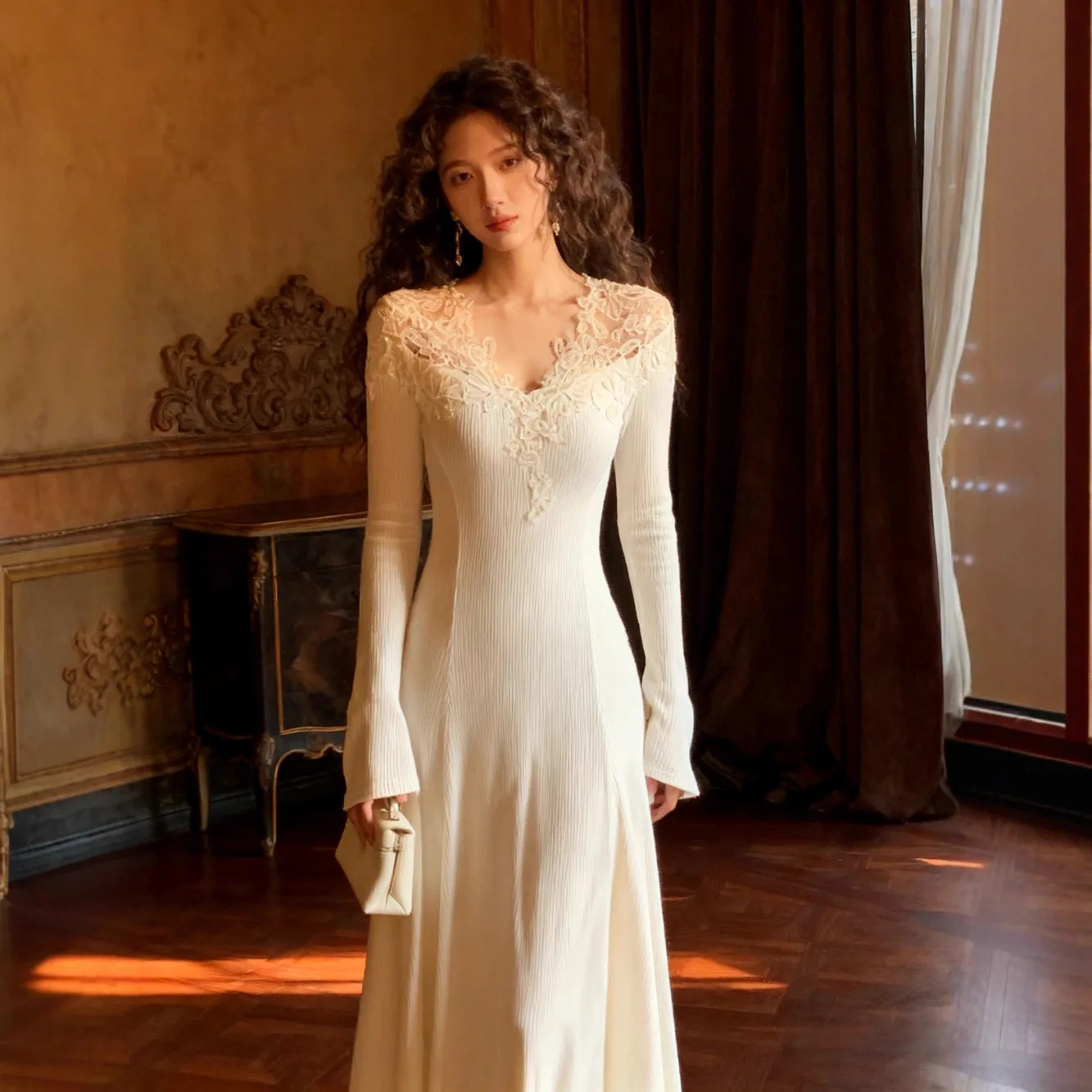 

Женское вязаное платье 20226: Новинка Весна-Осень, кружевное платье с V-образным вырезом, облегающее, А-силуэт, длинное, для ношения под верхней одеждой