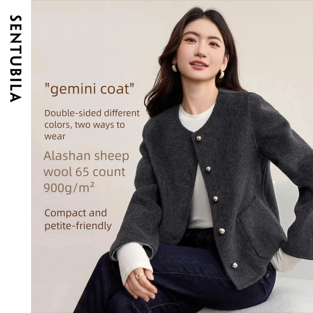 SENTUBILA Two-side Woolen Coats for Woman 2025 Autumn O Neck Single Breasted Jackets Ladies Overcoats Women's Clothing W54OG2433