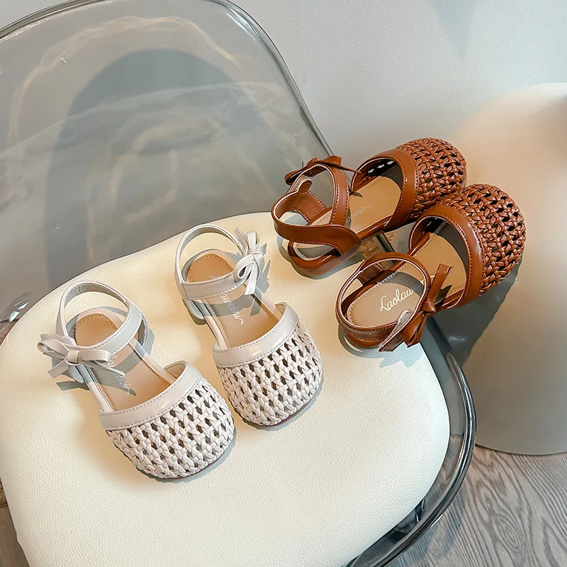 Sandały dziewczęce słodka kokardka nowe rzymskie sandały księżniczki Retro plecione letnie buty dziecięce buty plażowe w stylu Boho