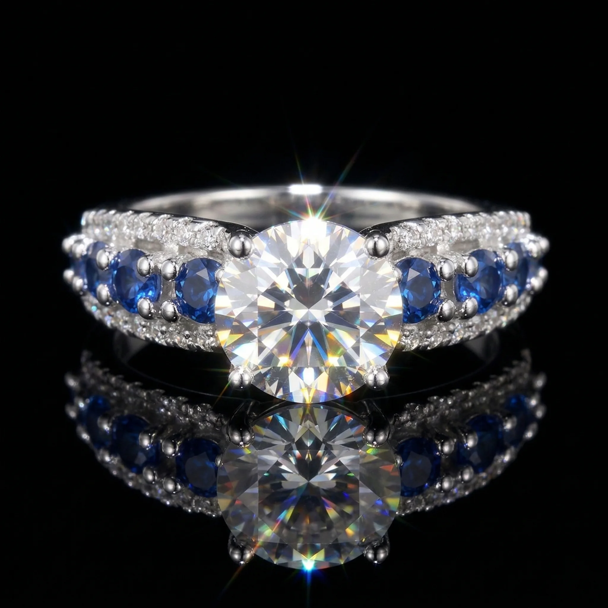 

Moissanite Ring, 925 Sterling Silver, D Color VVS1, 3 Carat, Sapphire Side Stones, Engagement Jewelry, Women's, With Certificate