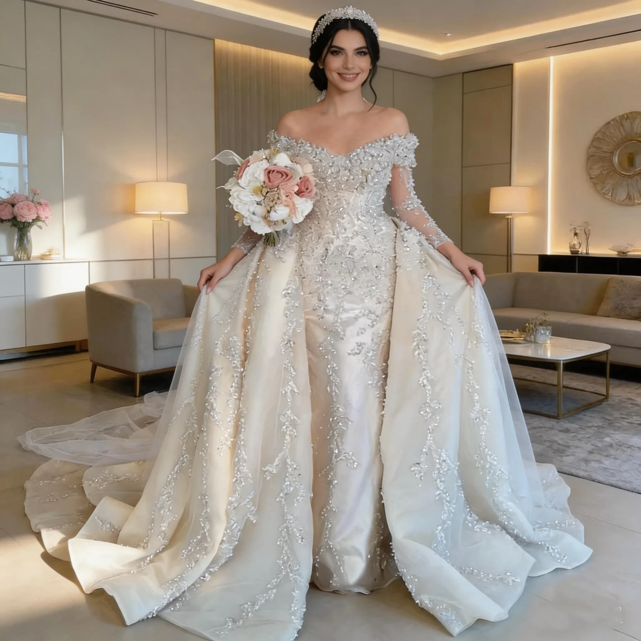 

Luxurious Shiny Off-Shoulder Wedding Dress Long Sleeved Beaded Pearl Bridal Gown for Women Customized Vestidos De Novia