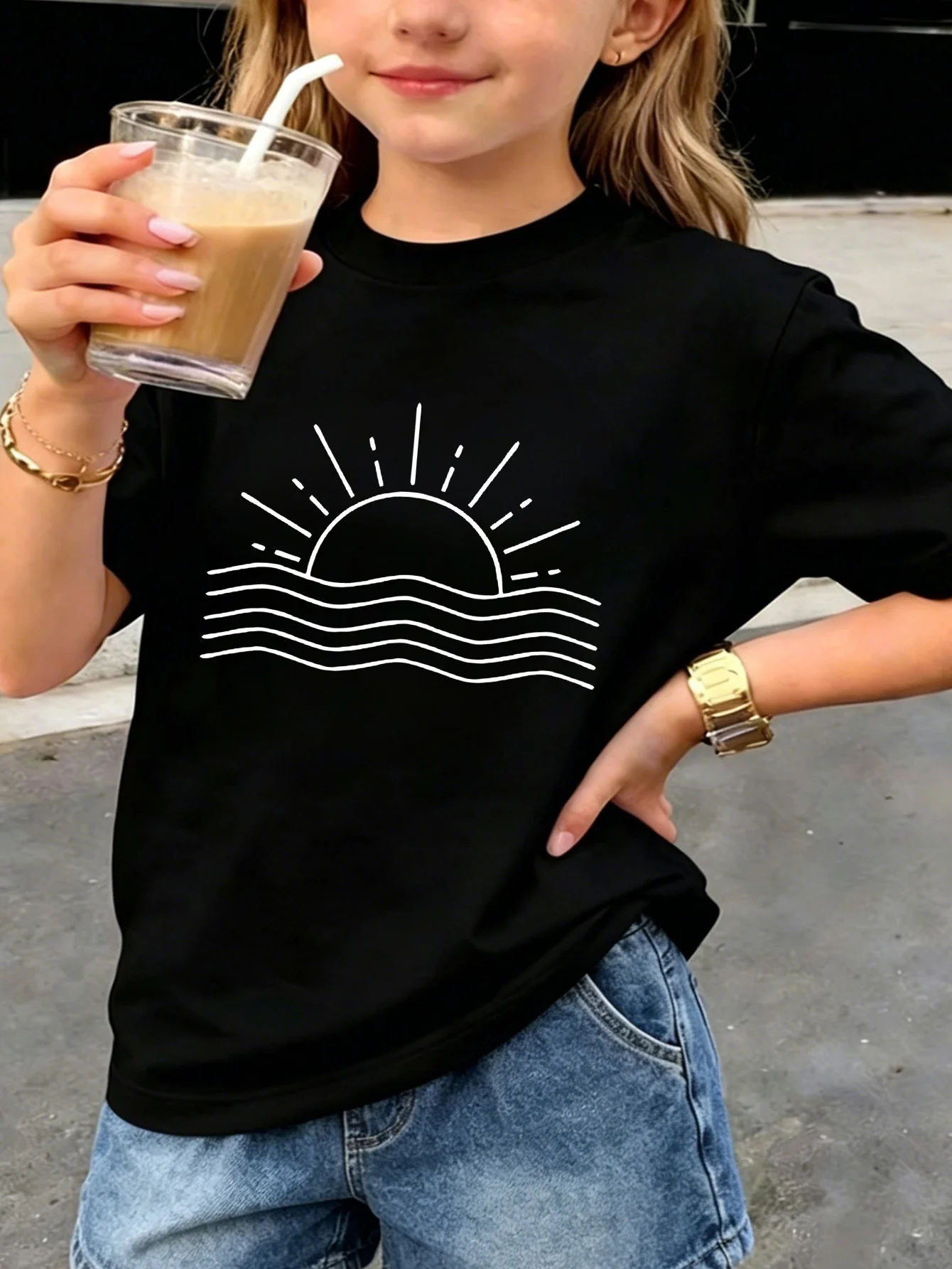 Kids Family Matching T Shirt Line Drawing Ocean Sunrise Print Short Sleeve Cotton Tops For Boys Girls Daily Casual Outfit