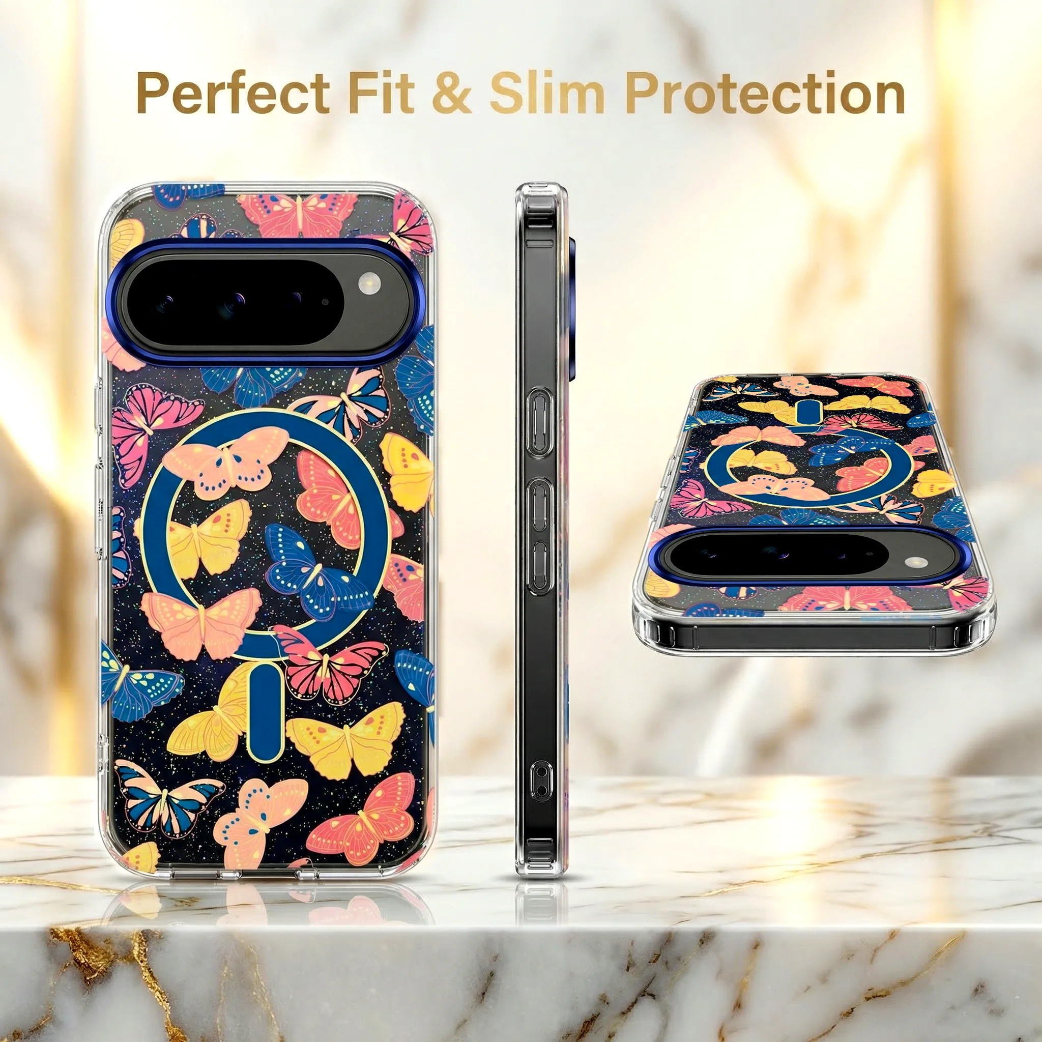 

For Google Pixel 10Pro 10ProXL 9ProXL 10A 9A IMD Clear Magnetic Case, Colorful Bowknot Glitter with Gradient Blue Light Cover.