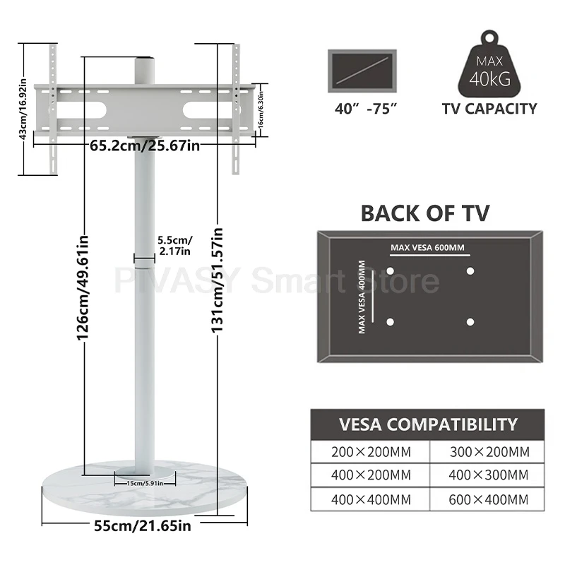 Schermo per televisione intelligente mobile in movimento da 4065 pollici Smart Google Android Supporto per TV Supporto per monitor con supporto rotante per Home Office