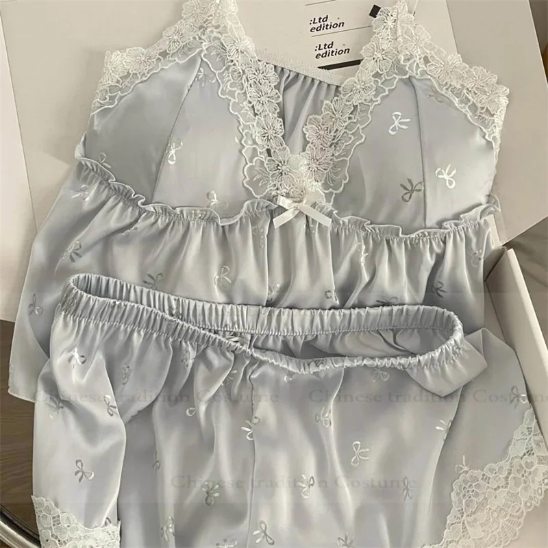 Silver Hot Stamping Bow Pajamas Set 2Pcs Lingerie Sexy Sleeveless Top Shorts Satin Loungewear Pyjamas Femme Home Clothing 3