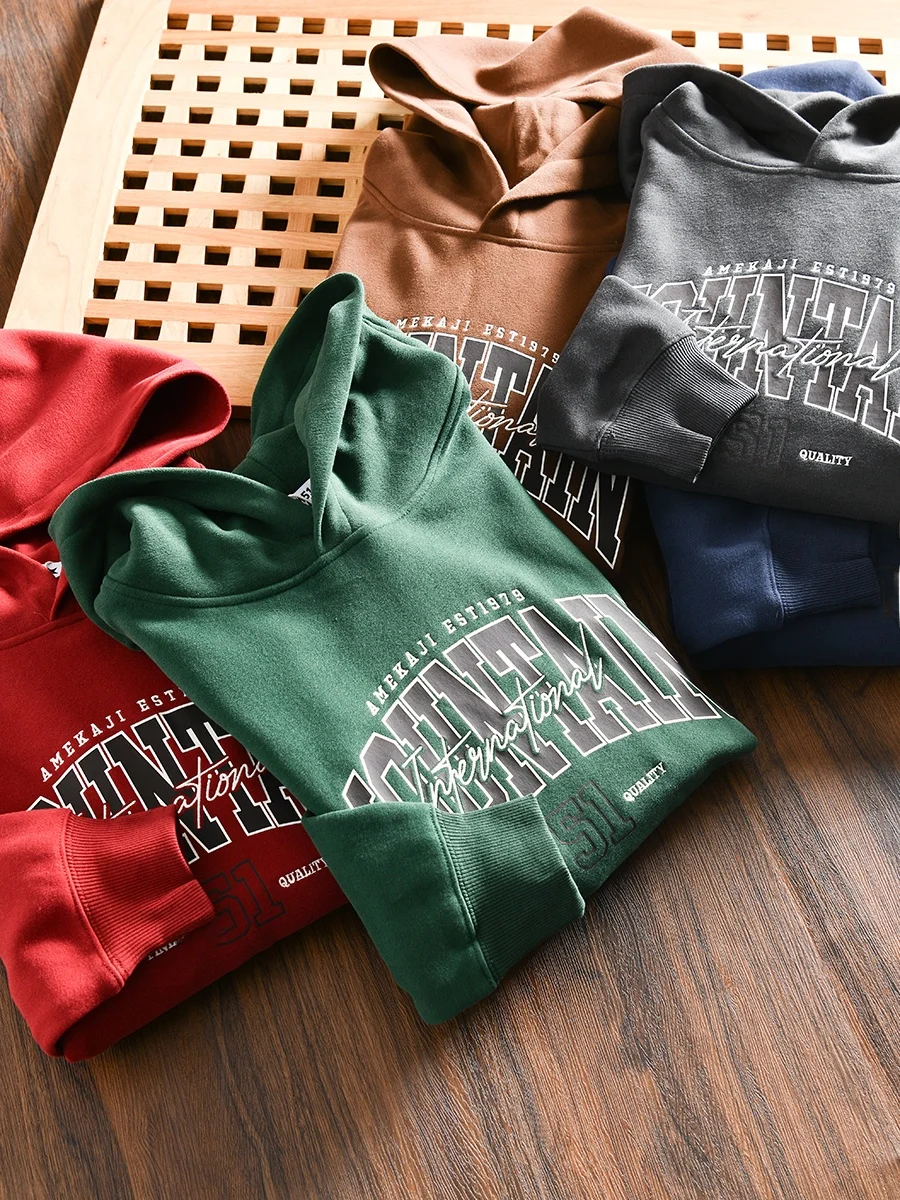 

American Style Casual Men's Hoodie Heavyweight Fishscale Cotton Versatile Autumn Fashionable Sweatshirt Daily Wear Straight Cut