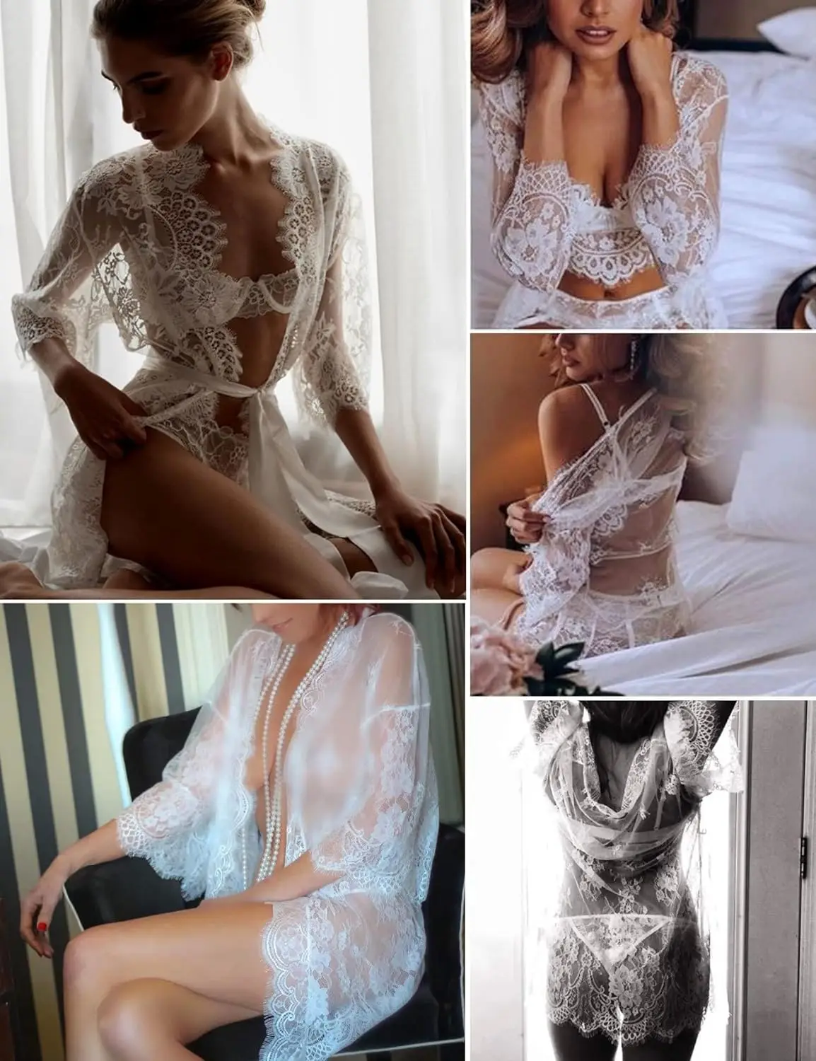 European and American Sexy Lace Pajamas Women\'s Lace Kimonos Long Robes Underwear Mesh Pajamas Fashionable and Sexy Pajamas