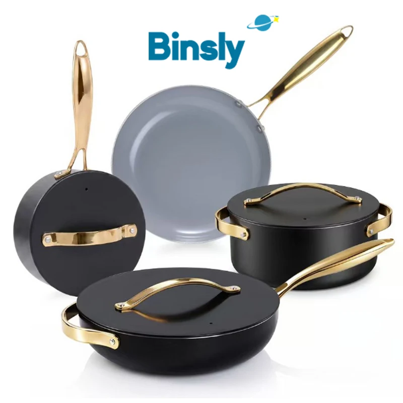 Luxury Nonstick Cookware Set with Gold Handles 7PCS Pots and Pans Set with Lids Induction Compatible Thick Kitchen Cooking Set