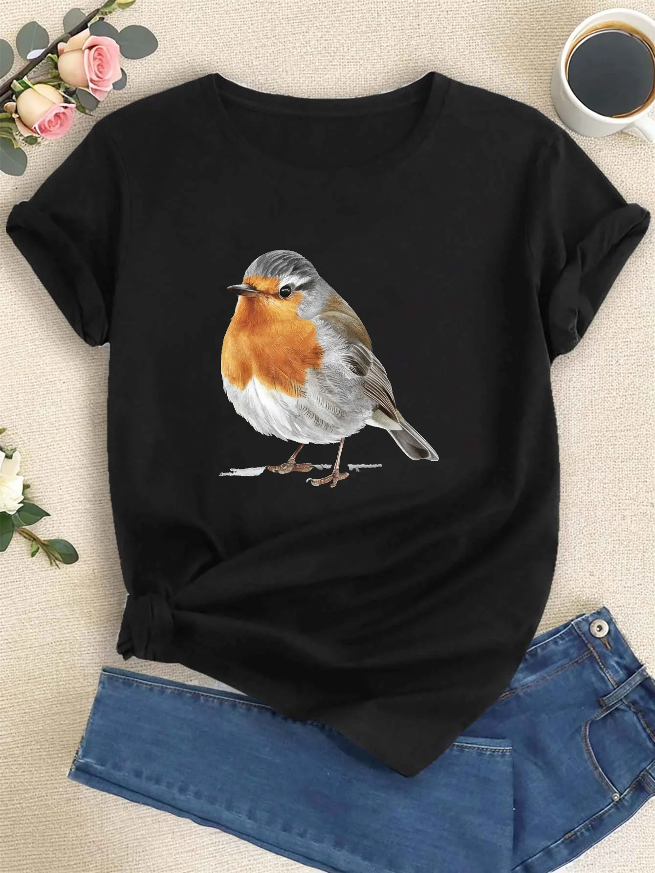 Women's Casual Short Sleeve Crew Neck Tee Robin Print Casual Comfortable Fit Versatile Top Fashion Graphic Personality Women Tee