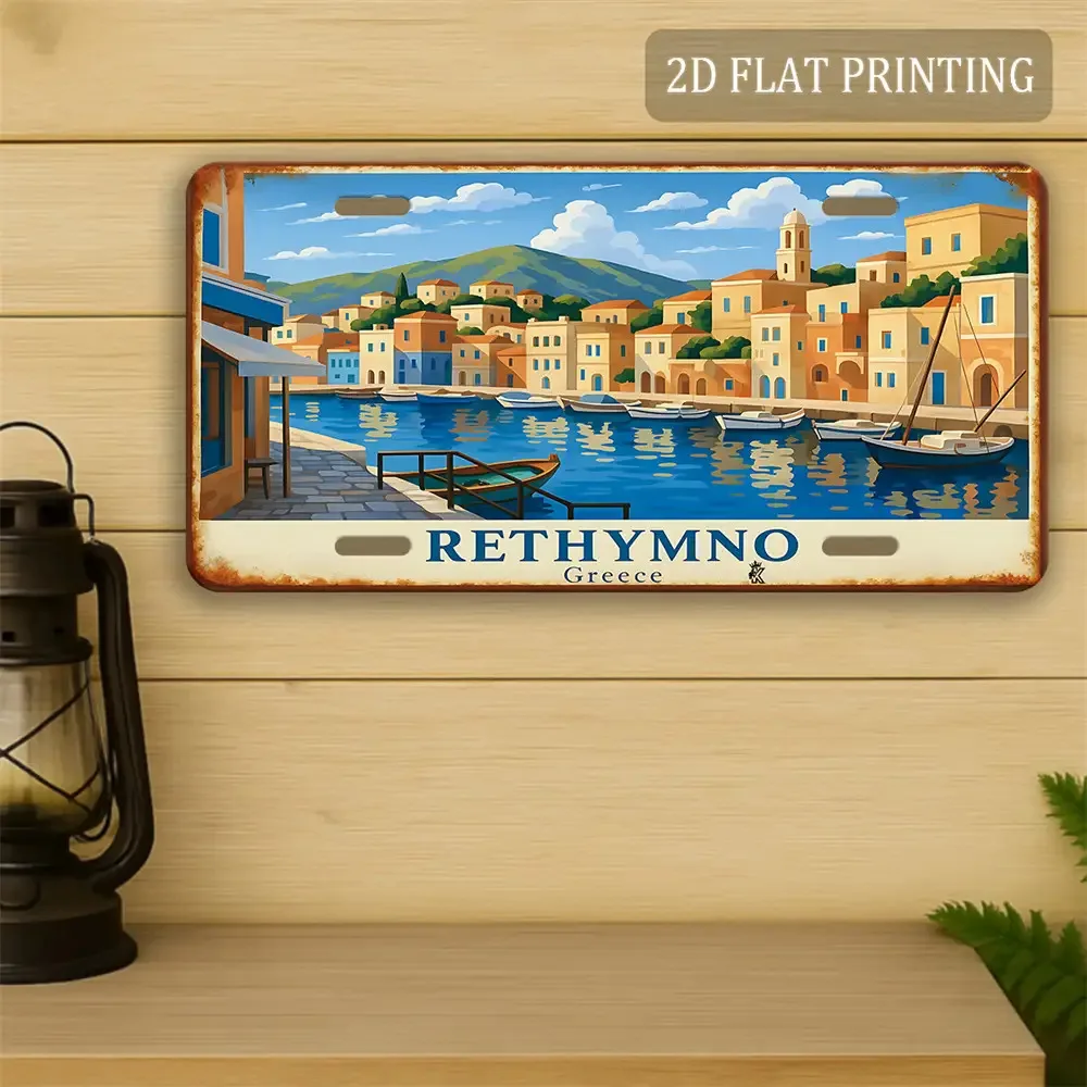Letrero de aluminio con diseño plano en 2D, representación de la ciudad griega de Rethymno, 30,48 cm x 15,24 cm. Arte mural con paisaje de un puerto costero mediterráneo, estilo vintage.
