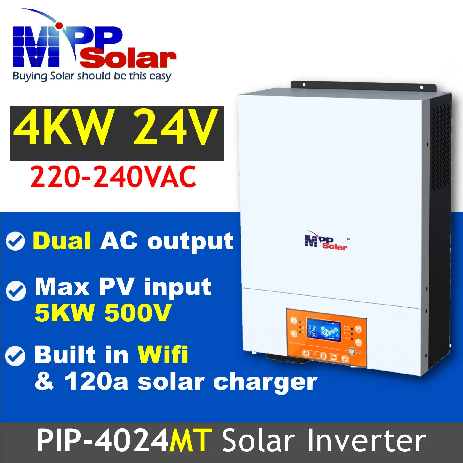 PIP4024MT 4kw 24v 230v mppsolar inverter WiFi 120A MPPT charger High PV Input 500v pure sine wave mppt solar 