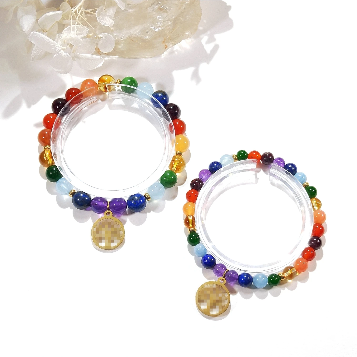 

Lii Ji 7 Chakras Beads Natural Stone 6mm/8mm With Stainless Steel Gold Plated Tree Charm Elastic Bracelet