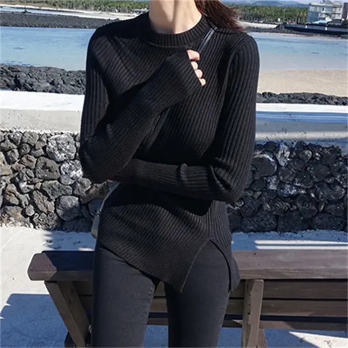 

Women Sweater Autumn Winter O-neck Knitwear Korean Casual Solid Bottoming Shirt Fashion Knit Pullovers Warm Irregular Y44